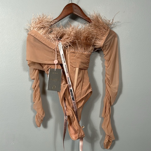 House of CB Faith Blush Feather Corset Bodysuit Off Shoulder Mesh Top size XS - Picture 15 of 15